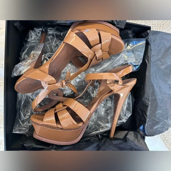 Saint Laurent Tribute Platform Sandals Dark Tan Beige Patent Authentic 38.5 - Picture 2 of 16